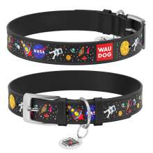 Нашийник для собак шкіряний WAUDOG Design з QR паспортом, малюнок "NASA", S, Ш 15 мм, Дов 26-35 см, чорний