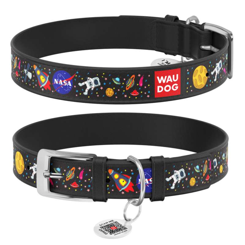 Нашийник для собак шкіряний WAUDOG Design з QR паспортом, малюнок "NASA", XS, Ш 12 мм, Дов 20-28 см, чорний