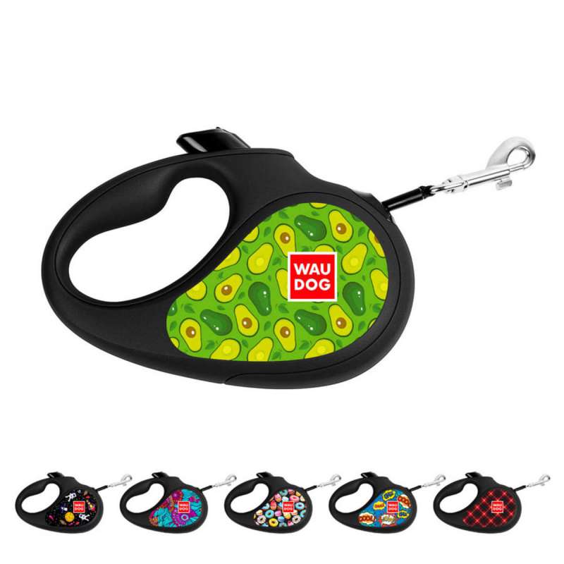Повідець-рулетка для собак WAUDOG R-leash, малюнок "Авокадо", M, до 25 кг, 5 м, світловідбиваюча стрічка чорний