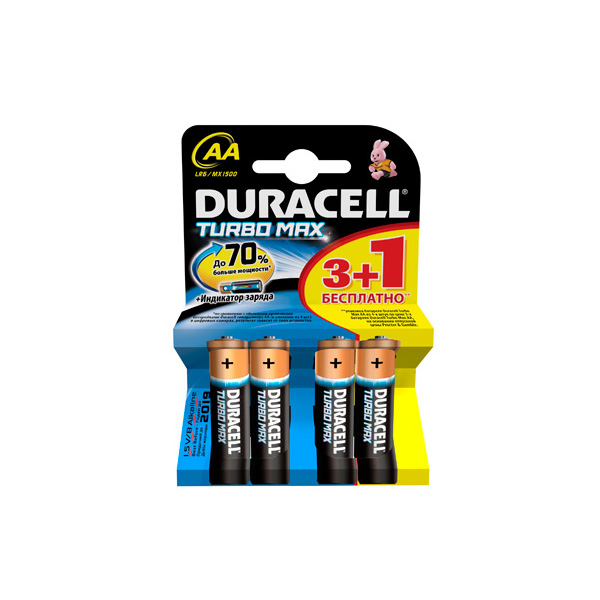 Батарейки DURAСELL TurboMax AA алкалиновые 1.5V LR6 3шт+1 штука в блистерной упаковке | Бельгия
