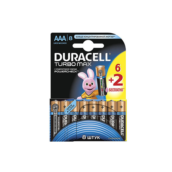 Батарейки DURAСELL TurboMax AAA алкалиновые 1.5V LR03 6шт+2 штуки в блистерной упаковке | Бельгия