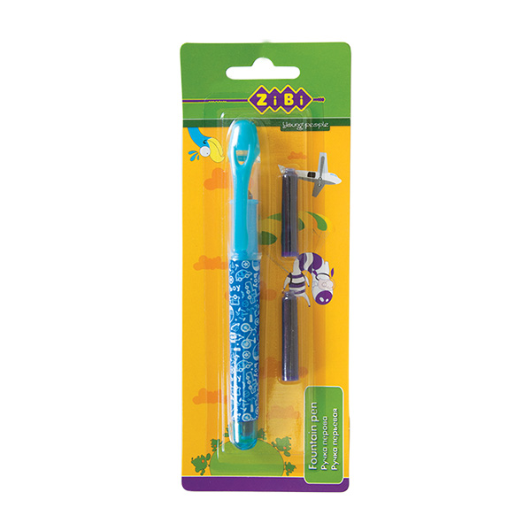 Ручка перьевая открытое перо KIDS Li + 2 капсулы | голубой корпус с рисунками
