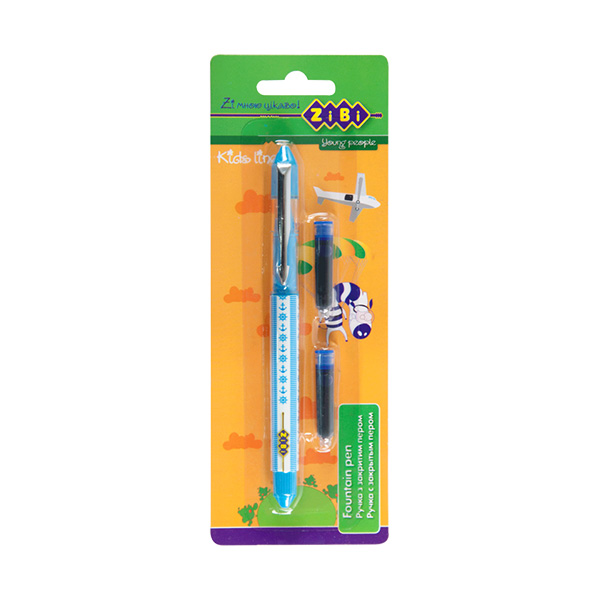 Ручка перьевая закрытое перо KIDS Lin + 2 капсулы | голубой корпус с рисунками