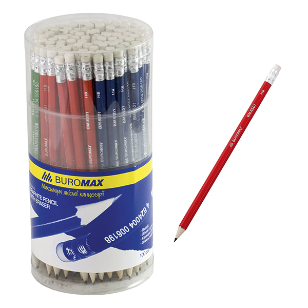 Карандаш графитовый BuroMax COLOR НВ с ластиком, туба 100 штук | цвета в ассортименте