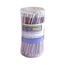 Карандаш графитовый Buromax SILVER НВ трехгранный с ластиком и серебрянной полоской, туба 100 штук | цвета в ассортименте