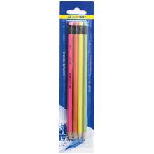 Набор из 4-х графитовых карандашей Buromax HB неон с ластиком | цвета в ассортименте