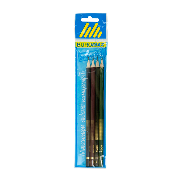 Набор карандашей графитовых Buromax BOSS HB без ластика в блистере 4 штуки | цвета в ассортименте